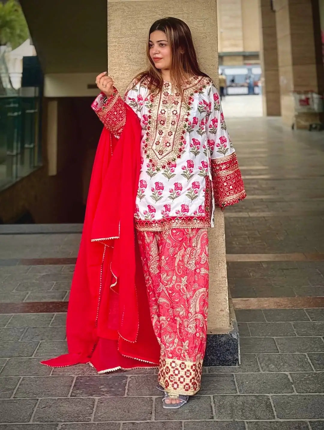 Embroidered Natural Crepe Farshi Palazzo Suit Set