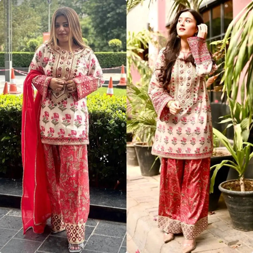 Embroidered Natural Crepe Farshi Palazzo Suit Set