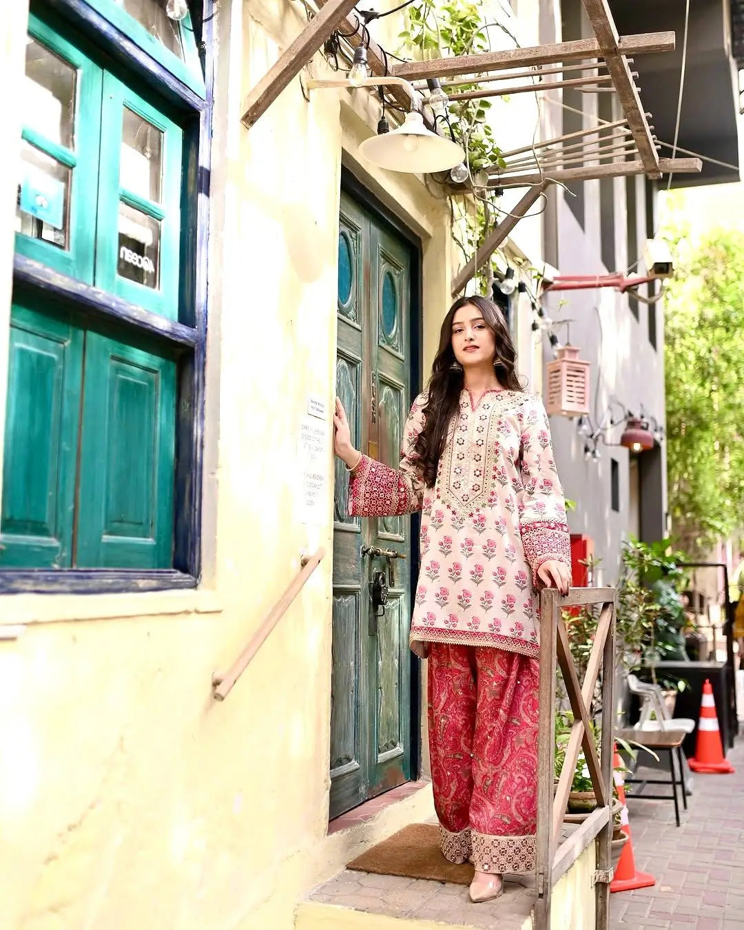 Embroidered Natural Crepe Farshi Palazzo Suit Set