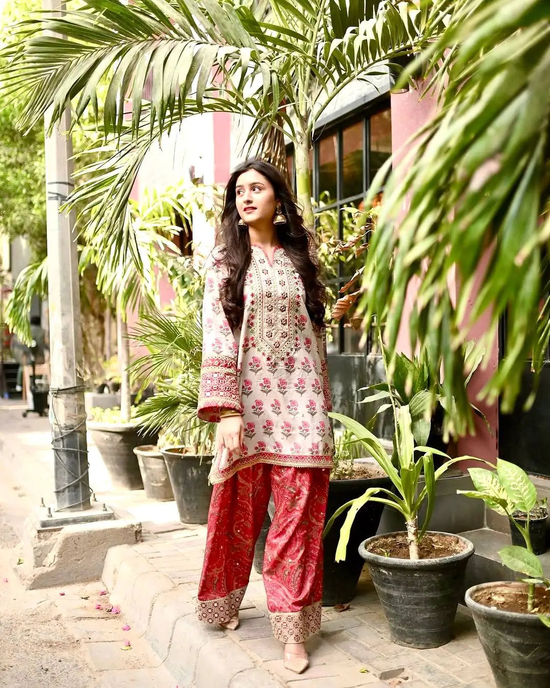 Embroidered Natural Crepe Farshi Palazzo Suit Set