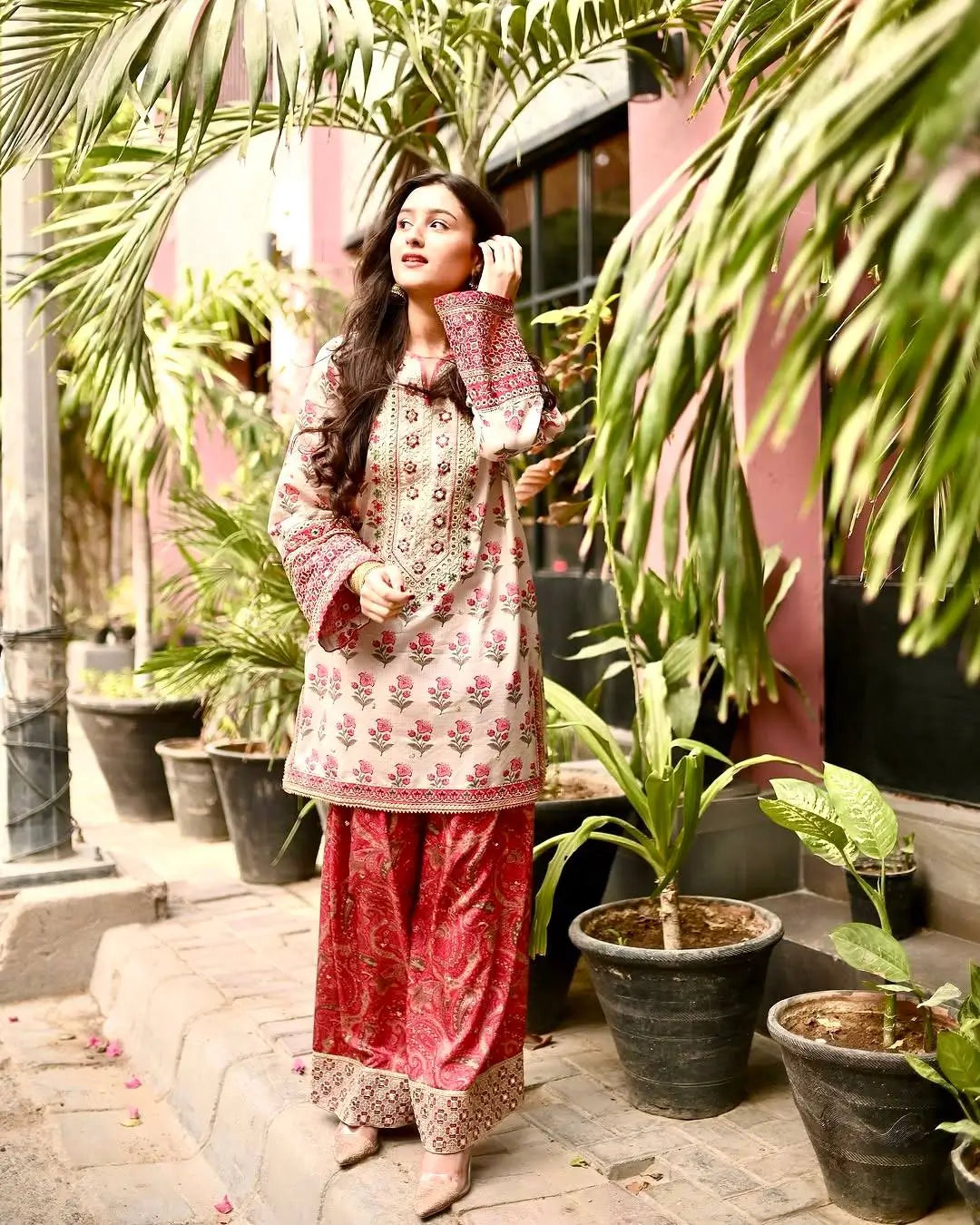 Embroidered Natural Crepe Farshi Palazzo Suit Set