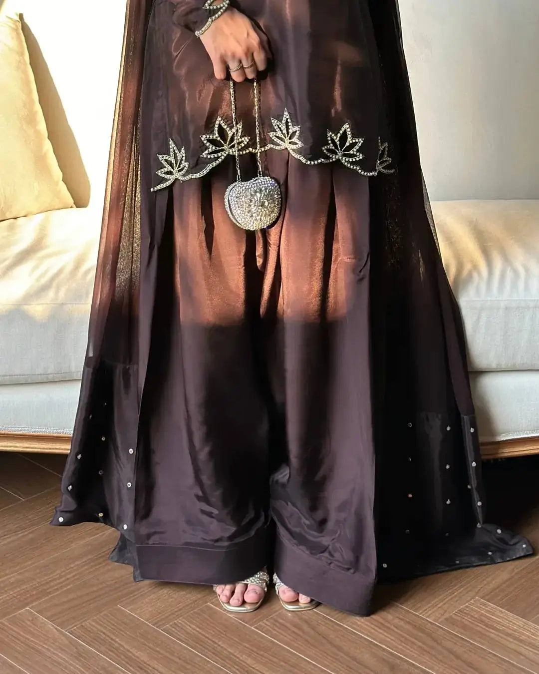 Embroidered Natural Crepe Kurta Farshi Salwar Set with Dupatta for Festive Wear