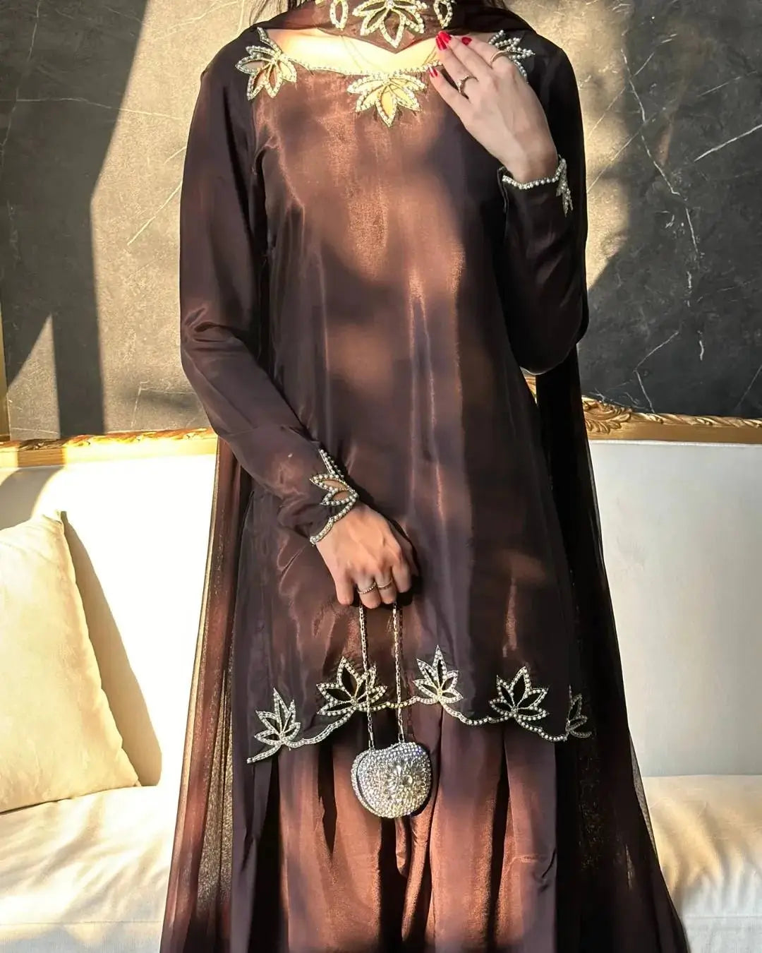 Embroidered Natural Crepe Kurta Farshi Salwar Set with Dupatta for Festive Wear