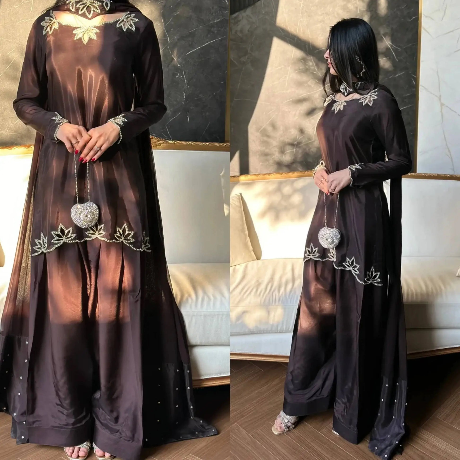 Embroidered Natural Crepe Kurta Farshi Salwar Set with Dupatta for Festive Wear