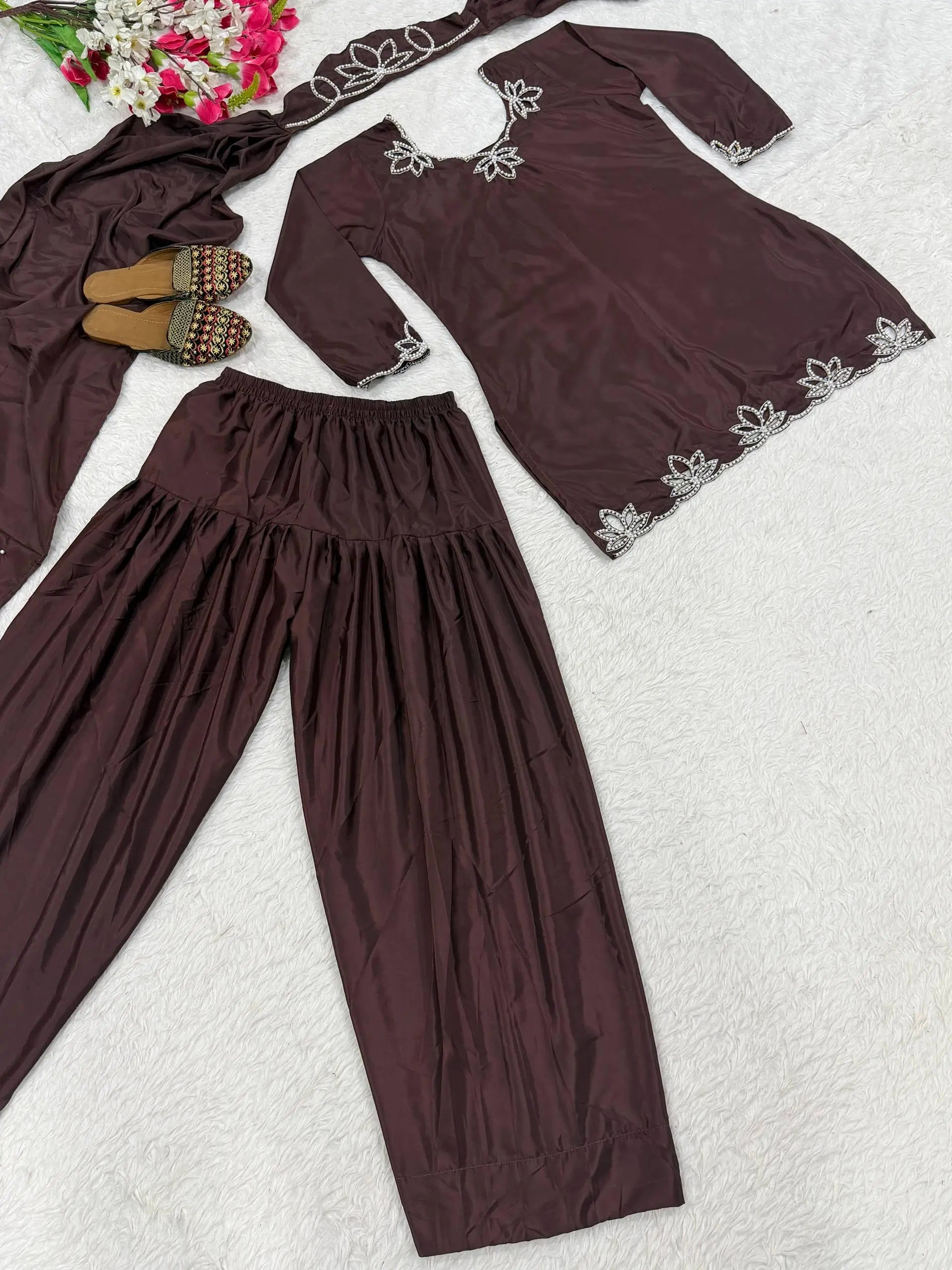 Embroidered Natural Crepe Kurta Farshi Salwar Set with Dupatta for Festive Wear