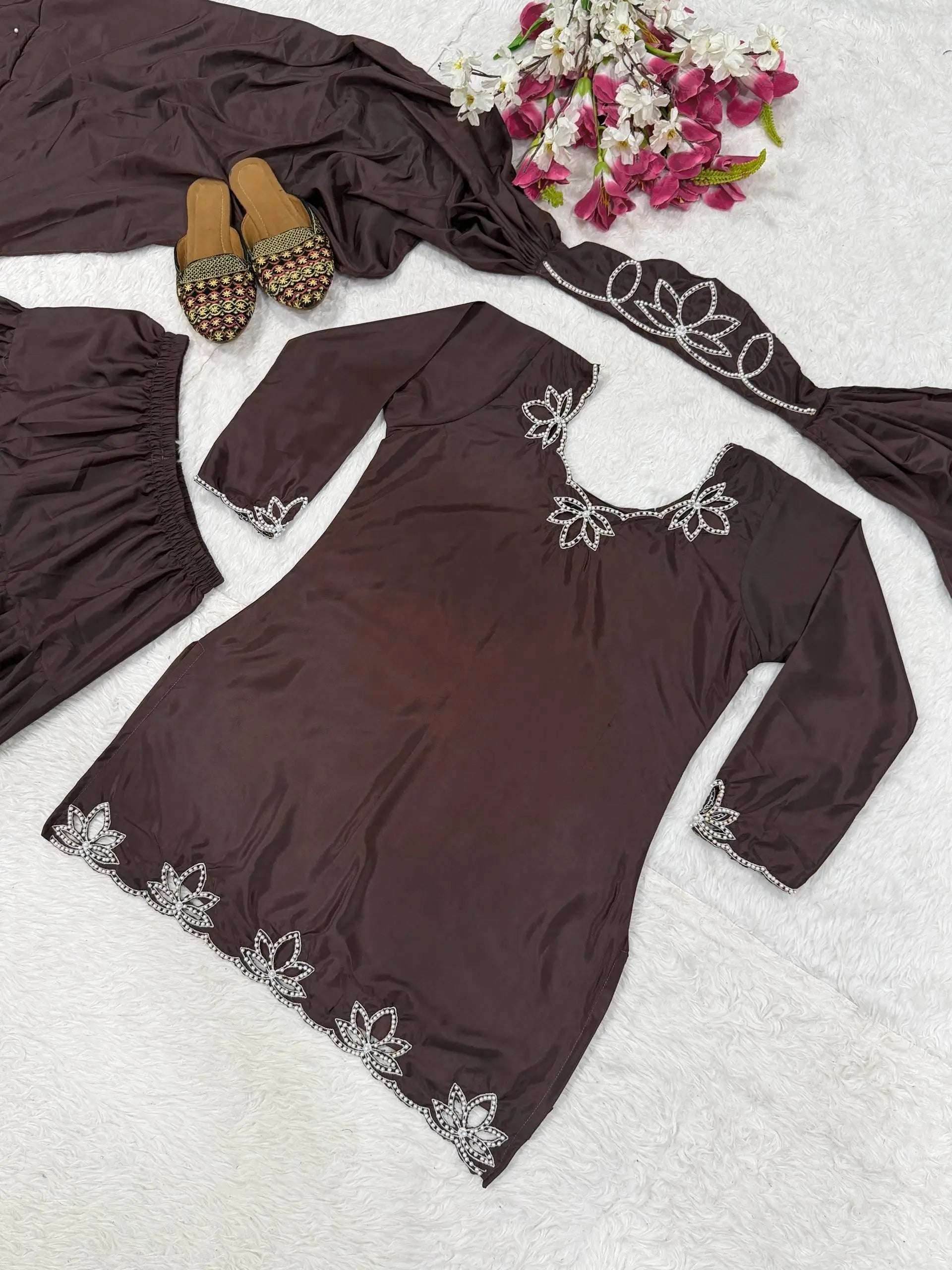Embroidered Natural Crepe Kurta Farshi Salwar Set with Dupatta for Festive Wear