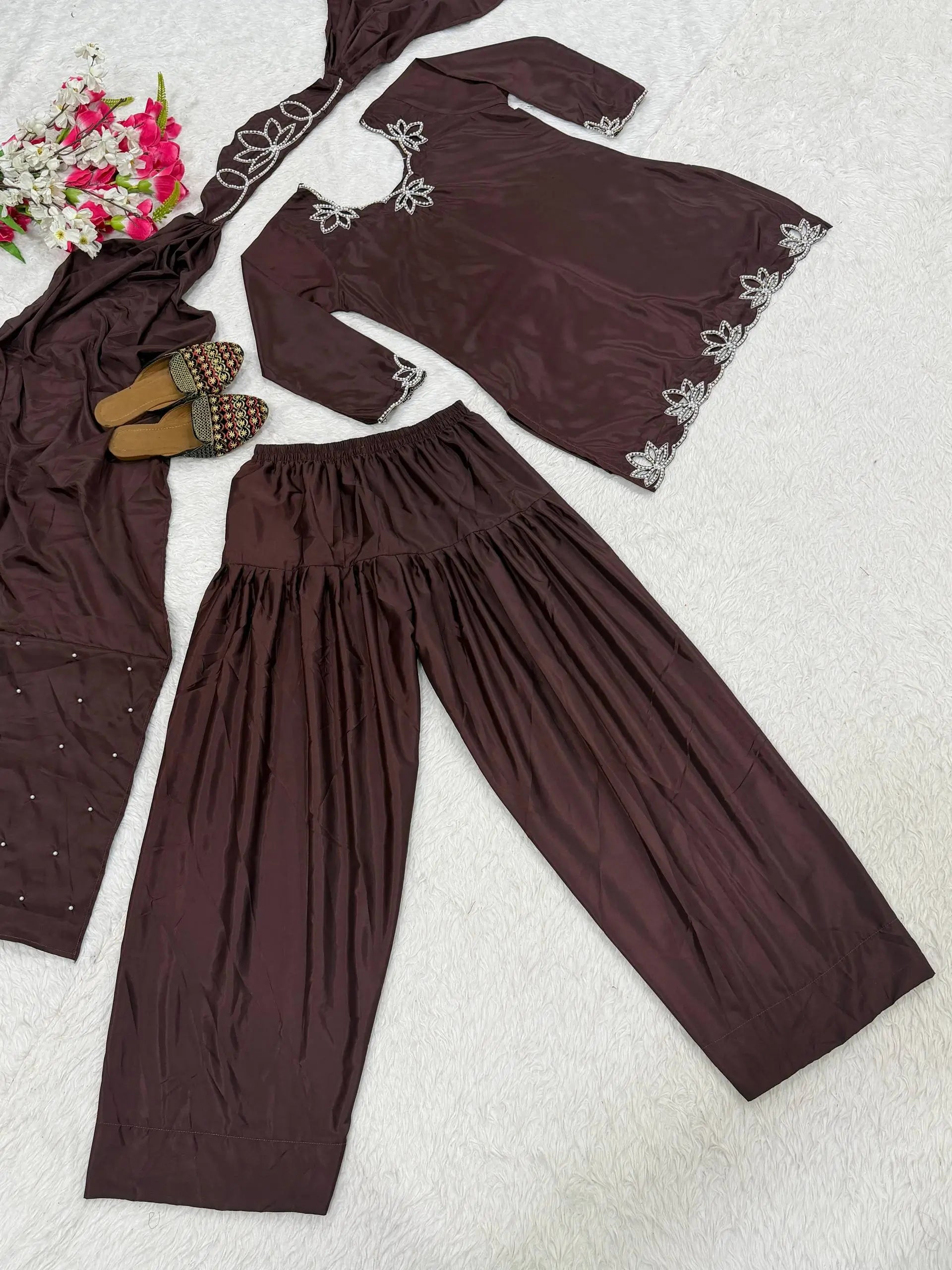 Embroidered Natural Crepe Kurta Farshi Salwar Set with Dupatta for Festive Wear