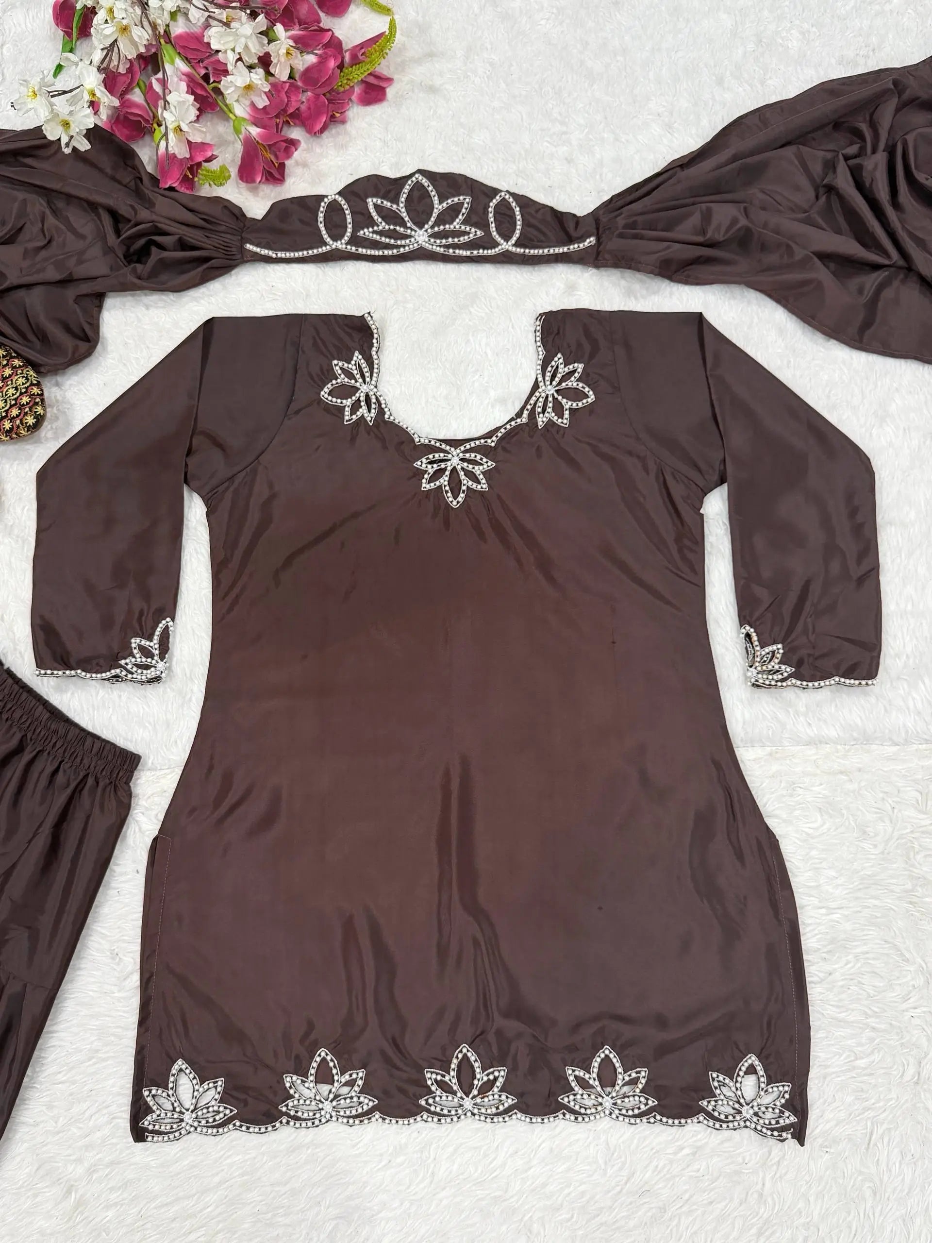 Embroidered Natural Crepe Kurta Farshi Salwar Set with Dupatta for Festive Wear