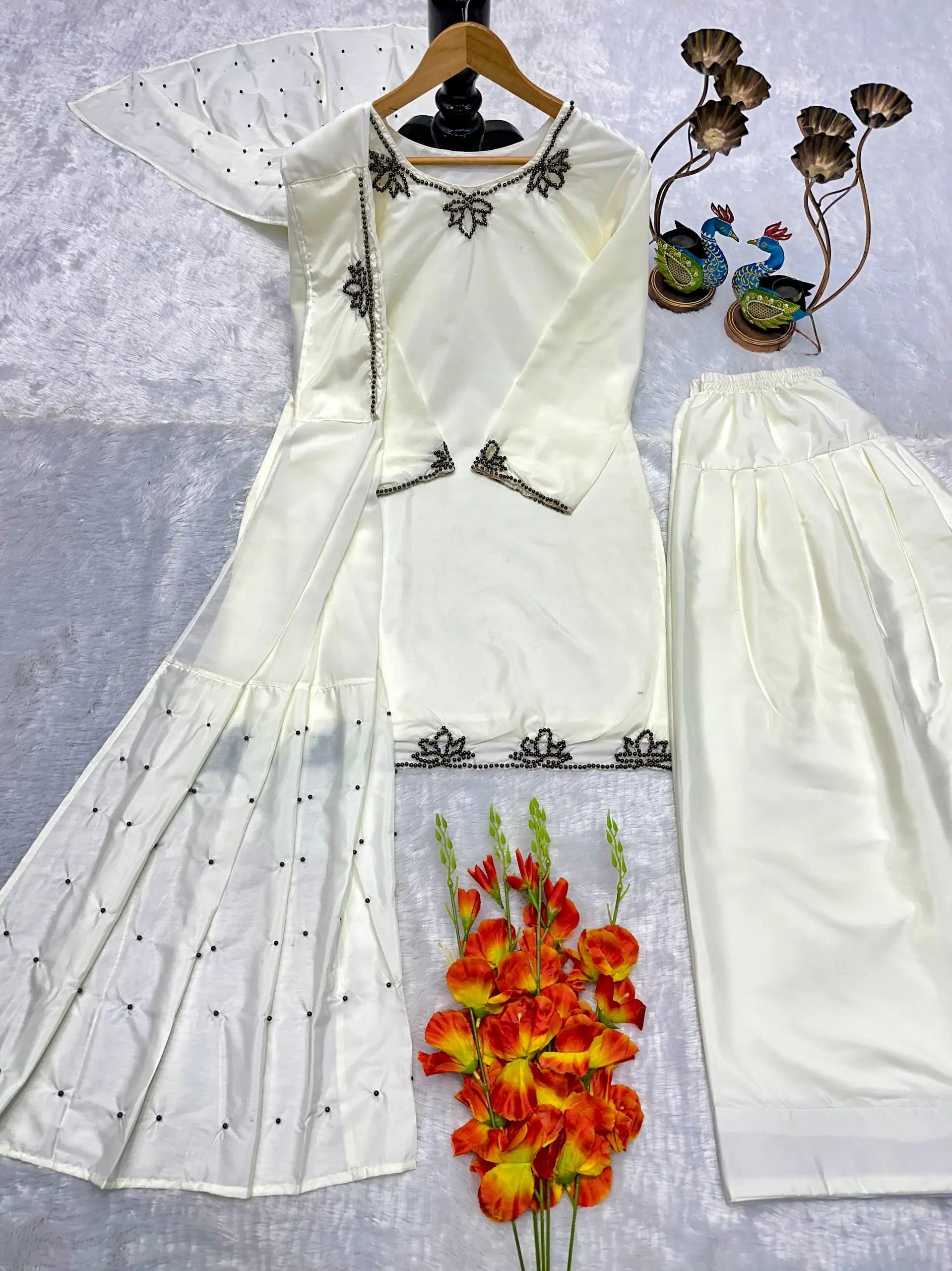 Embroidered Natural Crepe Kurta Farshi Salwar Set with Dupatta for Festive Wear