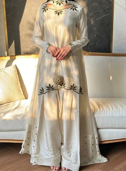 Embroidered Natural Crepe Kurta Farshi Salwar Set with Dupatta for Festive Wear