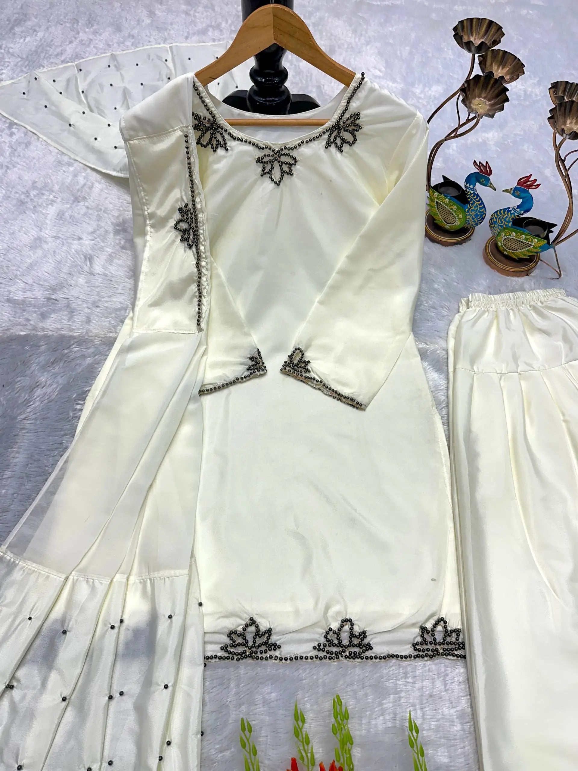 Embroidered Natural Crepe Kurta Farshi Salwar Set with Dupatta for Festive Wear