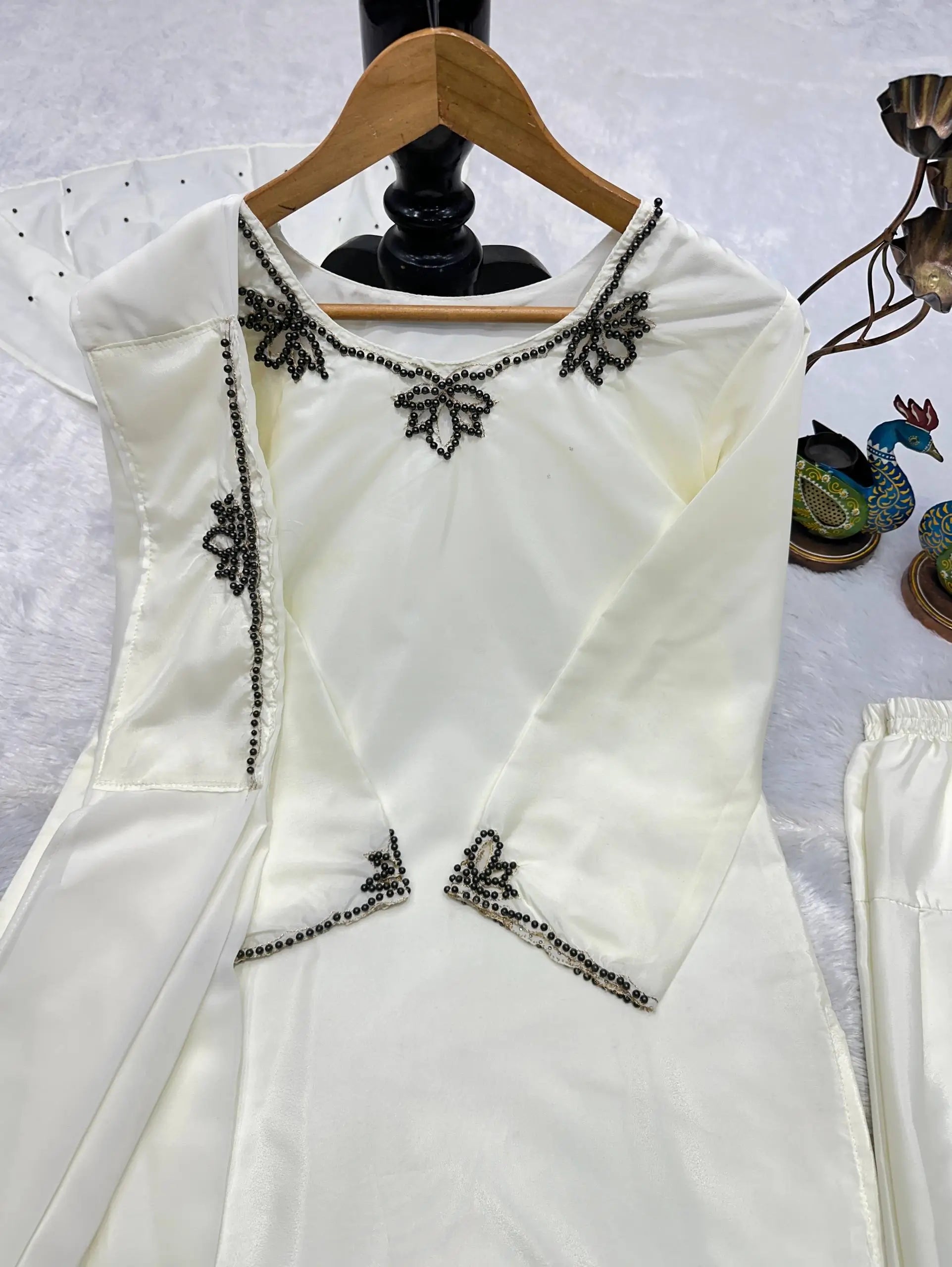 Embroidered Natural Crepe Kurta Farshi Salwar Set with Dupatta for Festive Wear