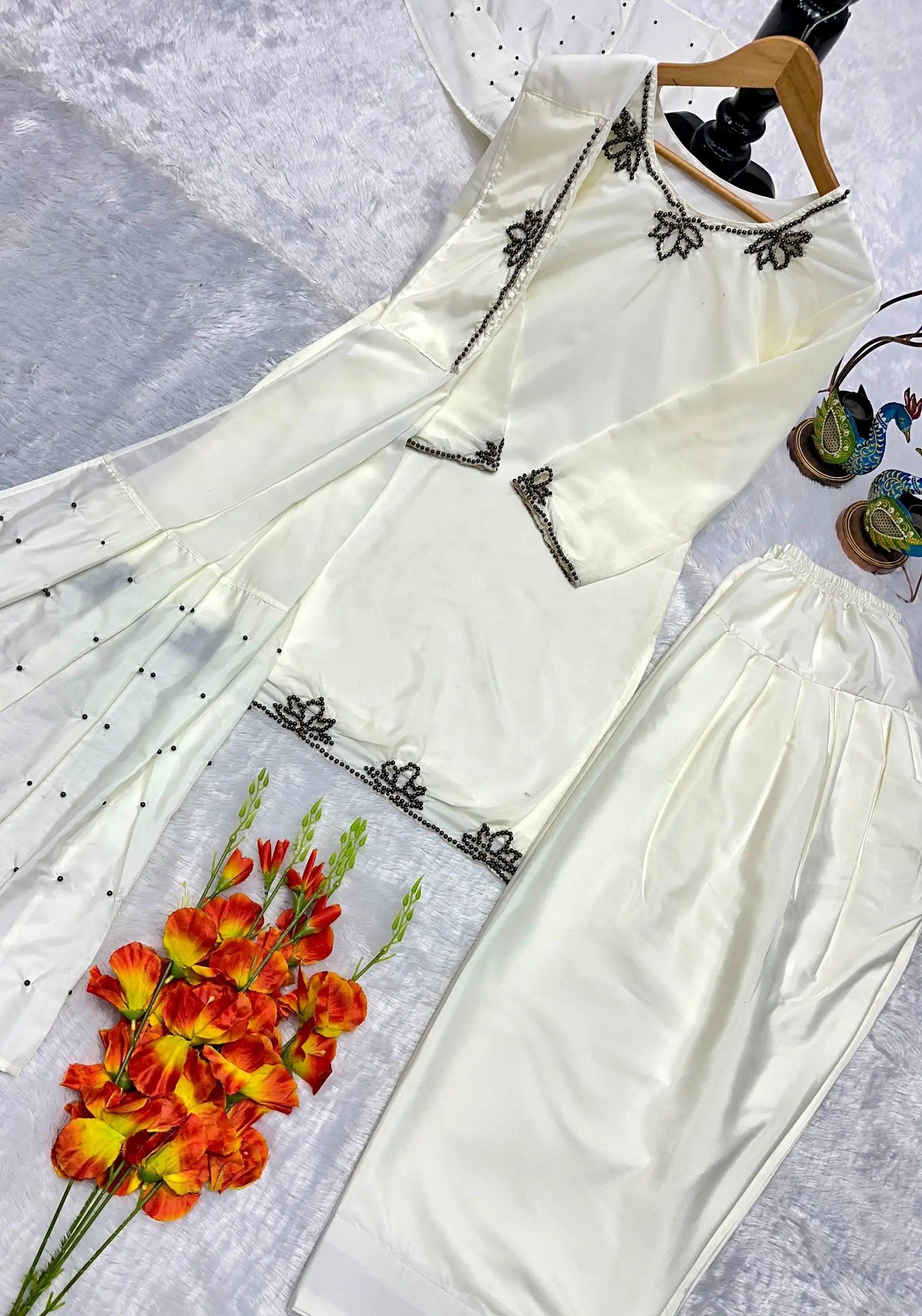 Embroidered Natural Crepe Kurta Farshi Salwar Set with Dupatta for Festive Wear