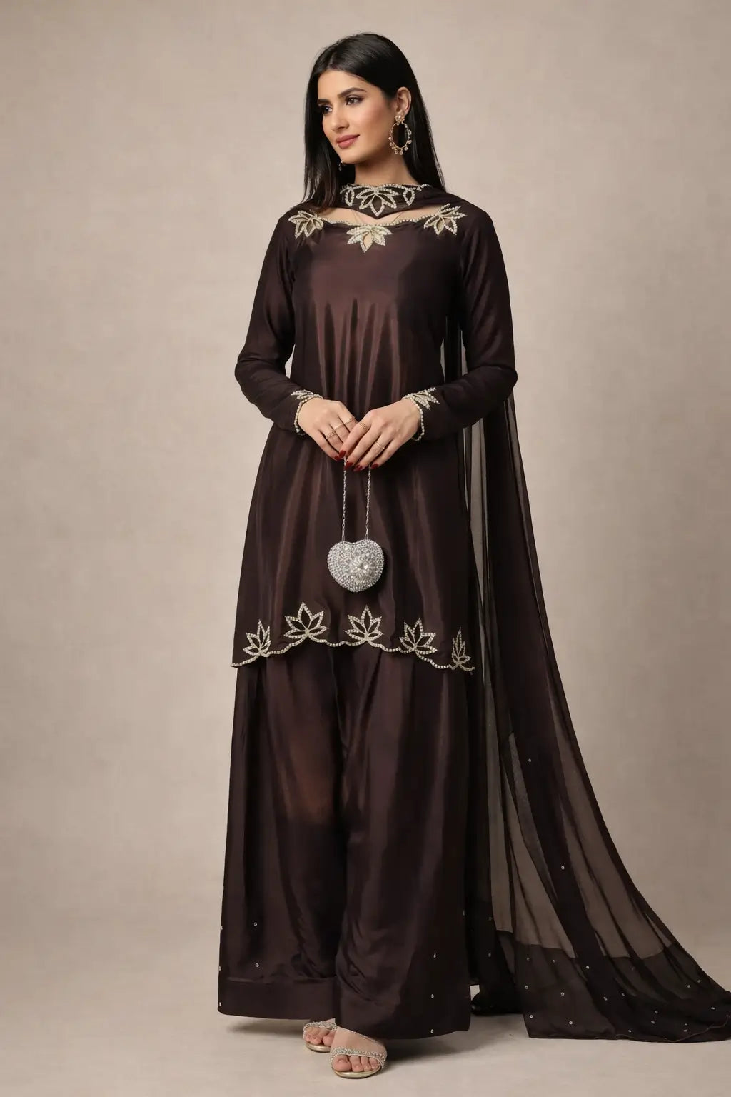 Embroidered Natural Crepe Kurta Farshi Salwar Set with Dupatta for Festive Wear