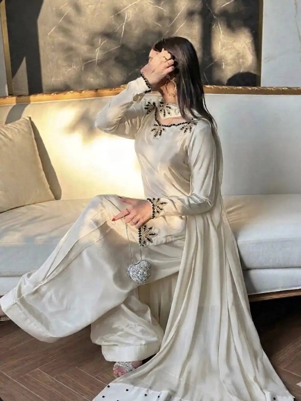 Embroidered Natural Crepe Kurta Farshi Salwar Set with Dupatta for Festive Wear