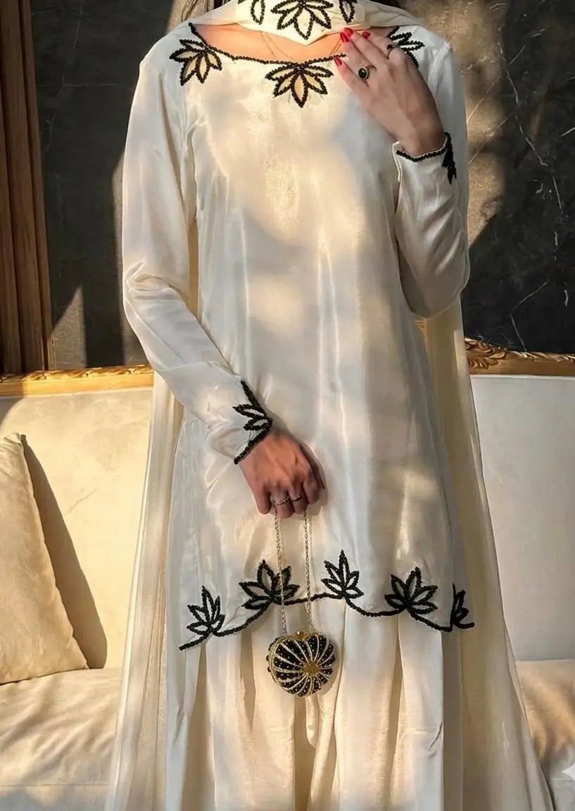 Embroidered Natural Crepe Kurta Farshi Salwar Set with Dupatta for Festive Wear