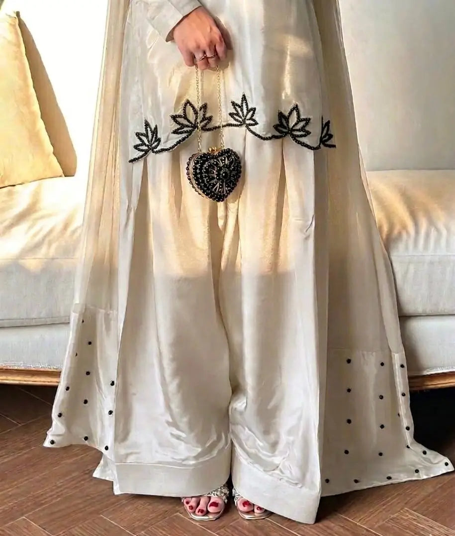 Embroidered Natural Crepe Kurta Farshi Salwar Set with Dupatta for Festive Wear