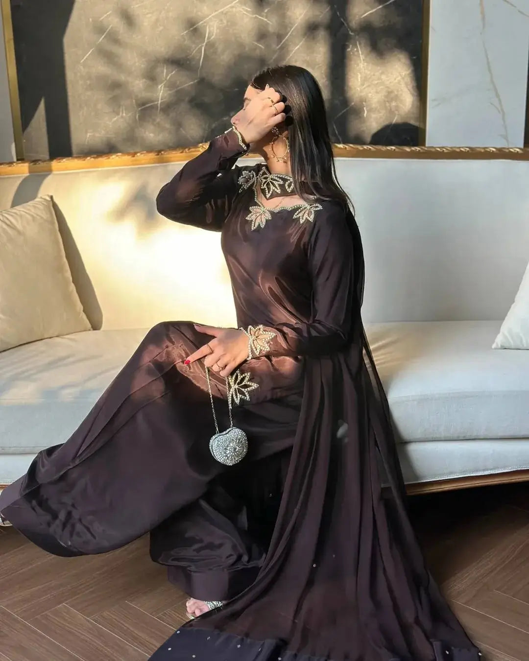 Embroidered Natural Crepe Kurta Farshi Salwar Set with Dupatta for Festive Wear