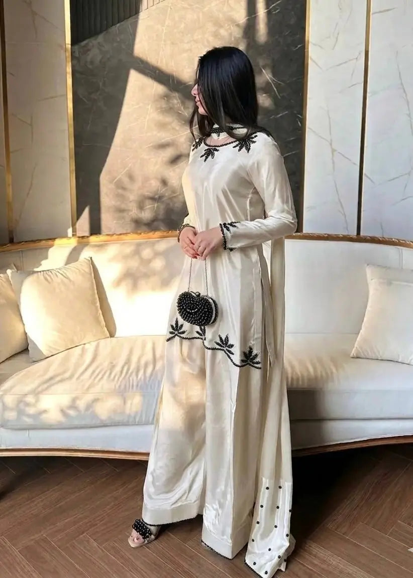 Embroidered Natural Crepe Kurta Farshi Salwar Set with Dupatta for Festive Wear