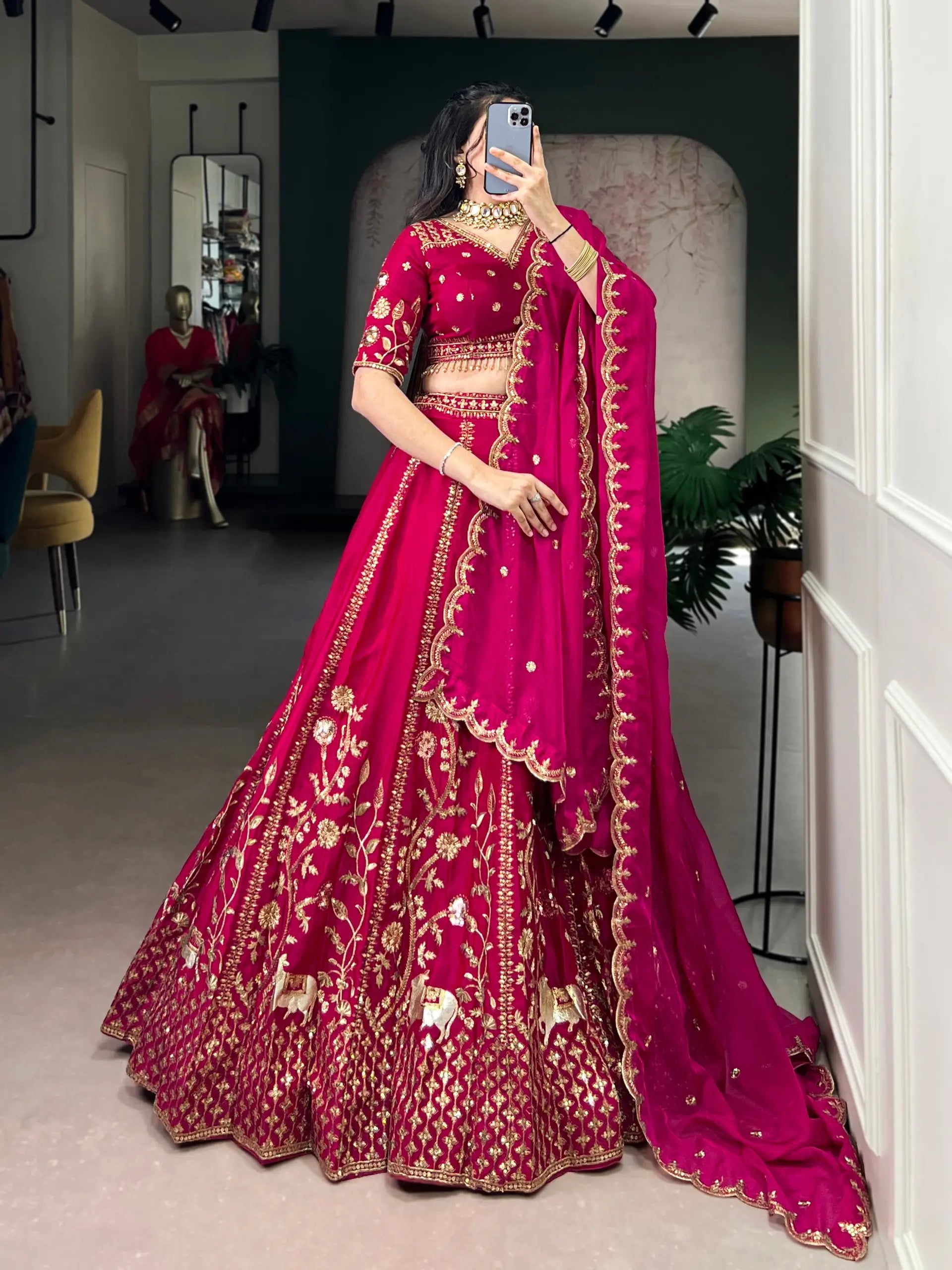 Embroidered Natural Silk Lehenga Choli Set with Organza Dupatta