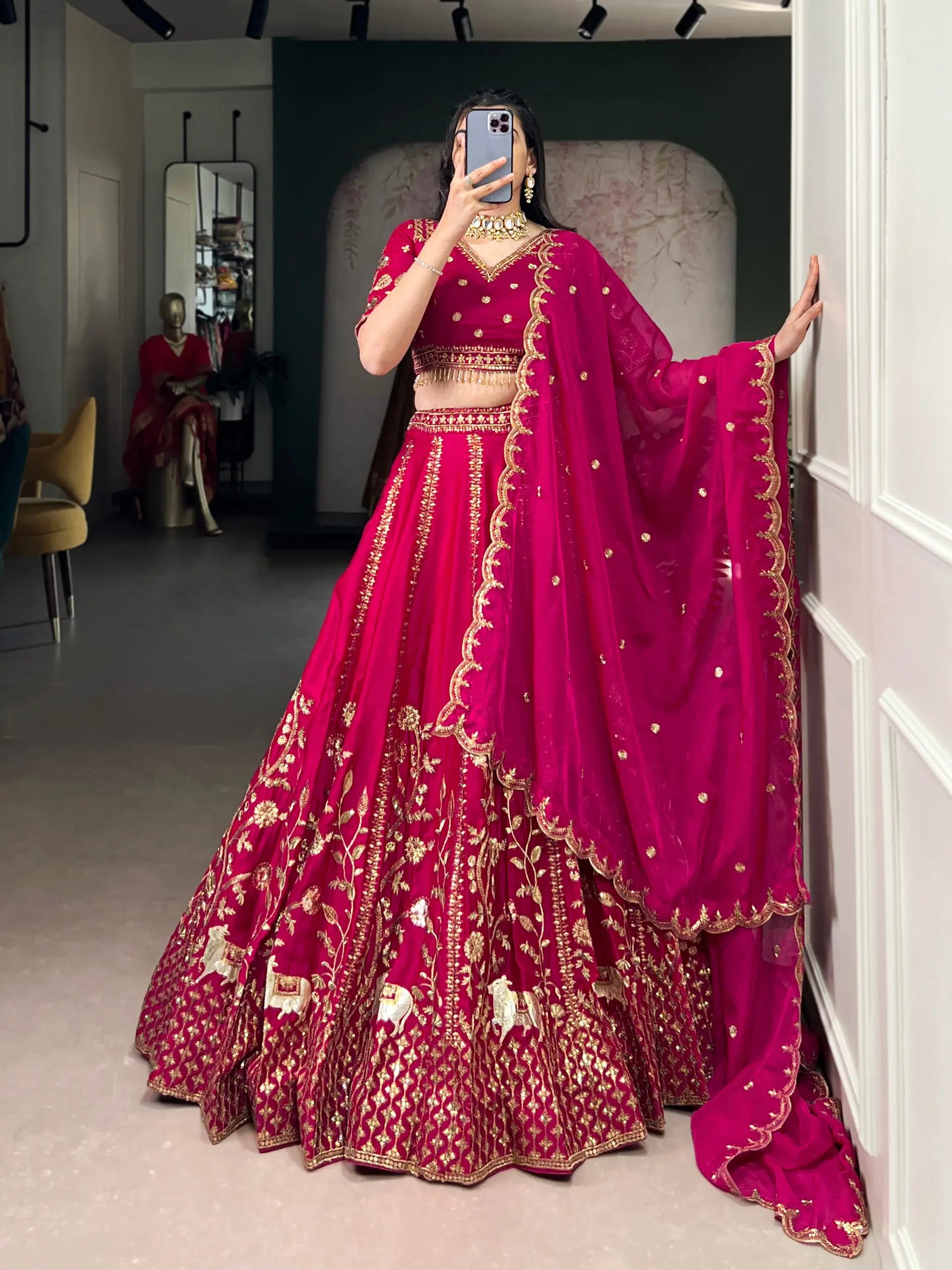 Embroidered Natural Silk Lehenga Choli Set with Organza Dupatta