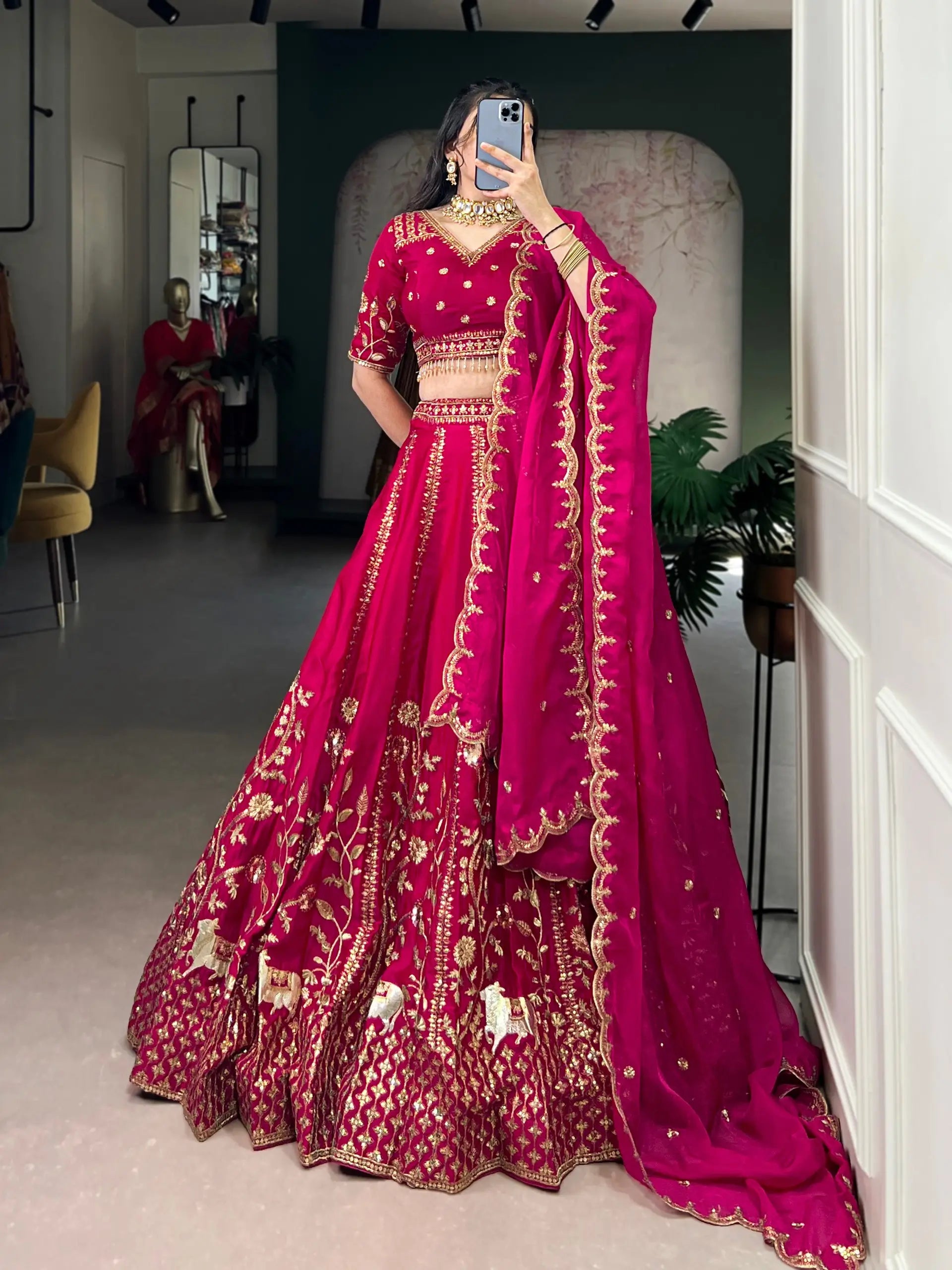 Embroidered Natural Silk Lehenga Choli Set with Organza Dupatta