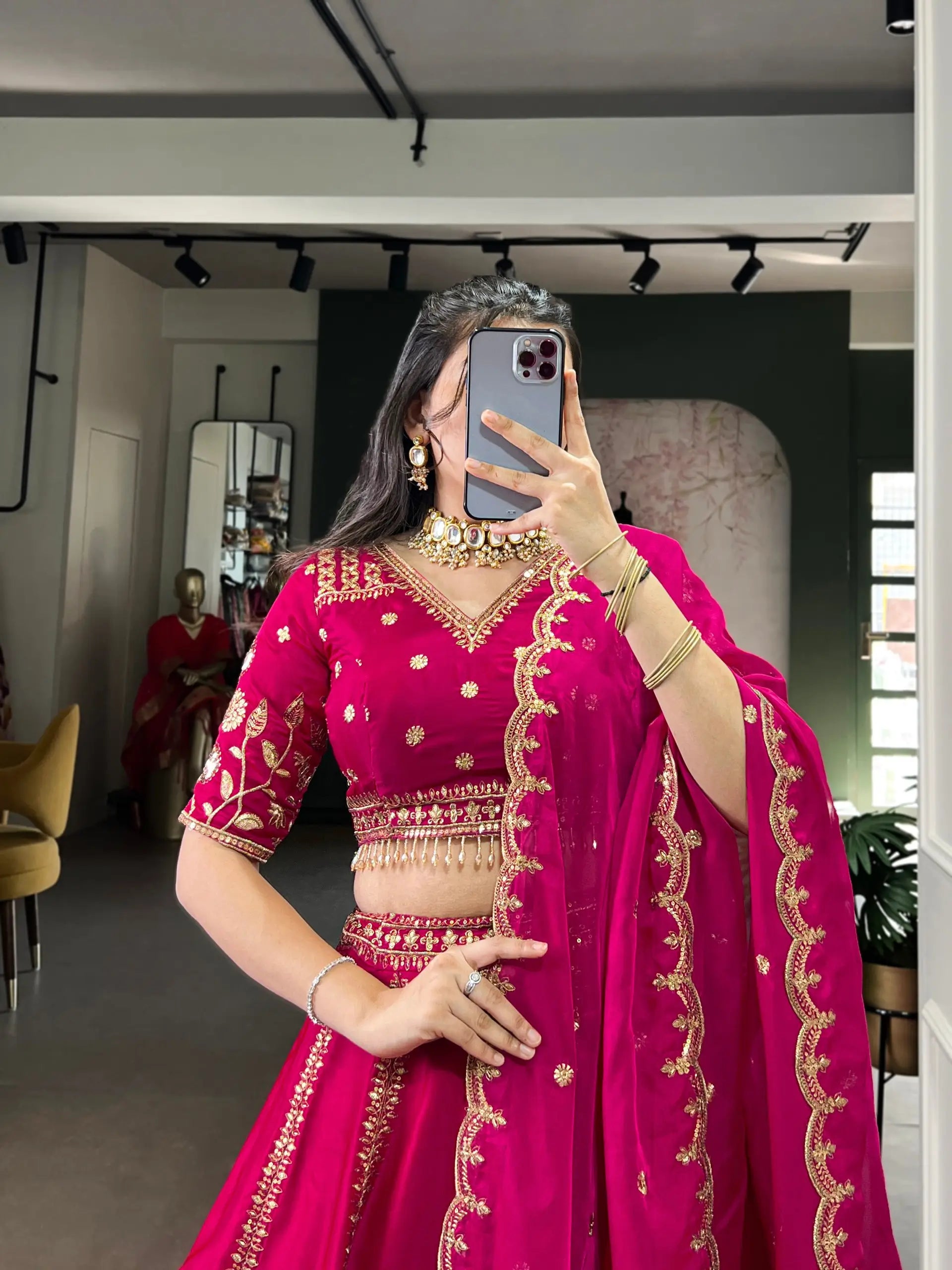 Embroidered Natural Silk Lehenga Choli Set with Organza Dupatta