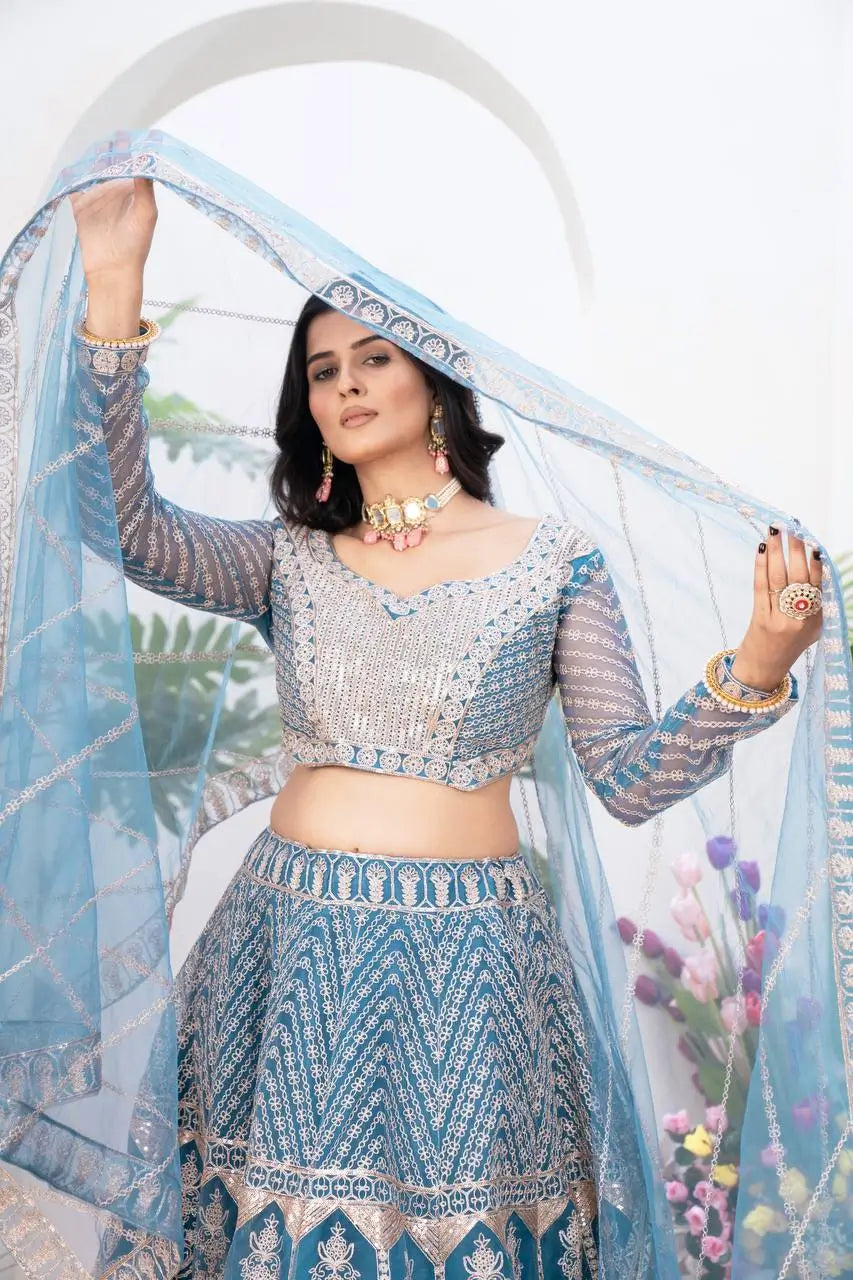 Embroidered Net Lehenga Set