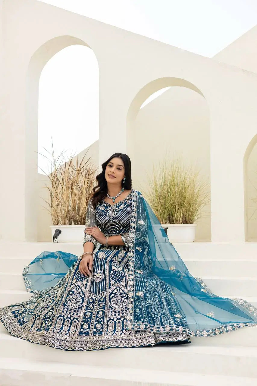 Embroidered Net Lehenga Set