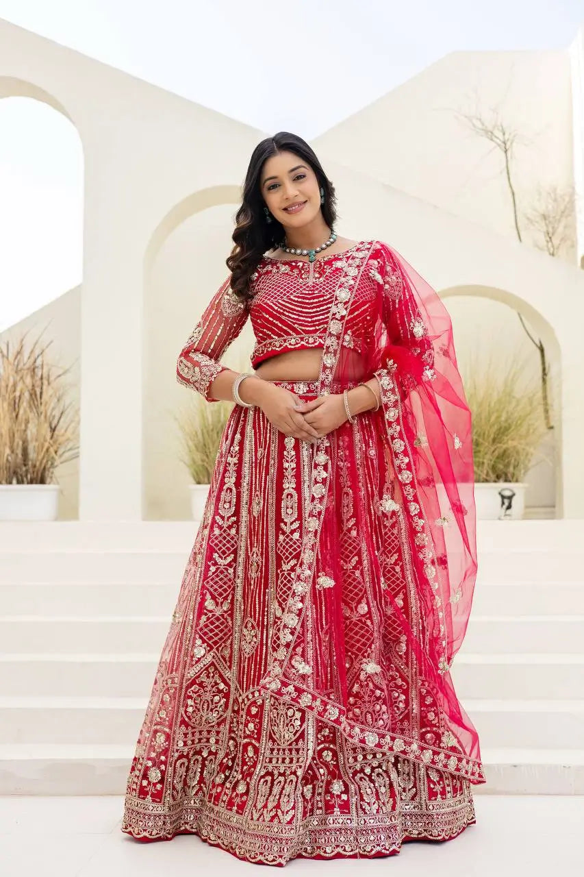 Embroidered Net Lehenga Set
