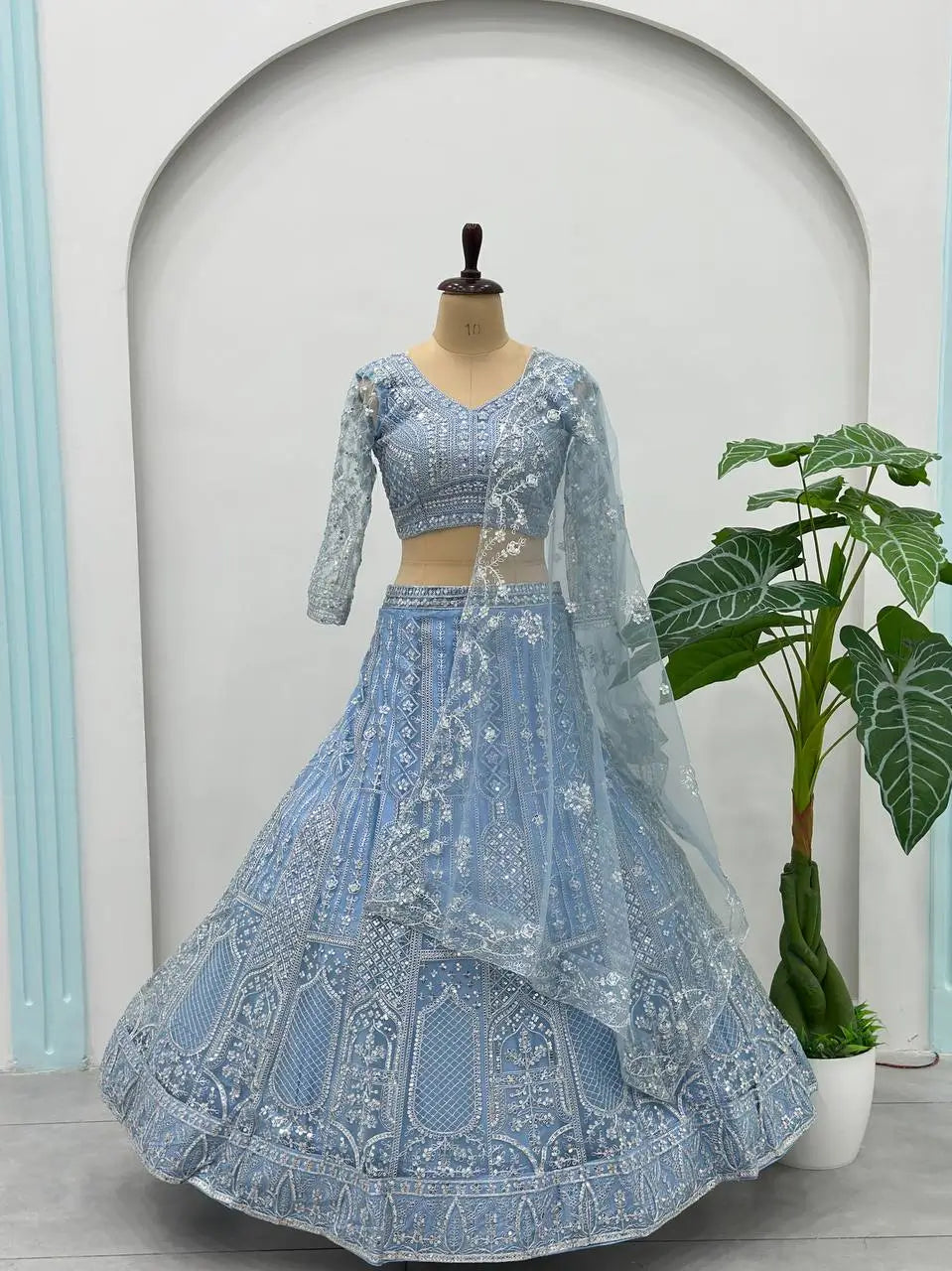 Embroidered Net Lehenga Set