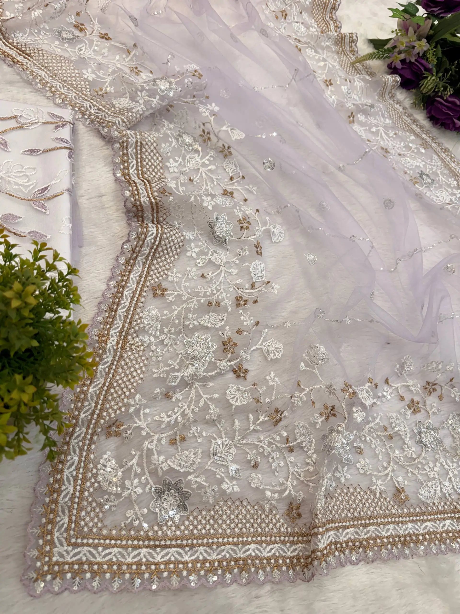 Embroidered Nylon Net Saree with Cutwork Border