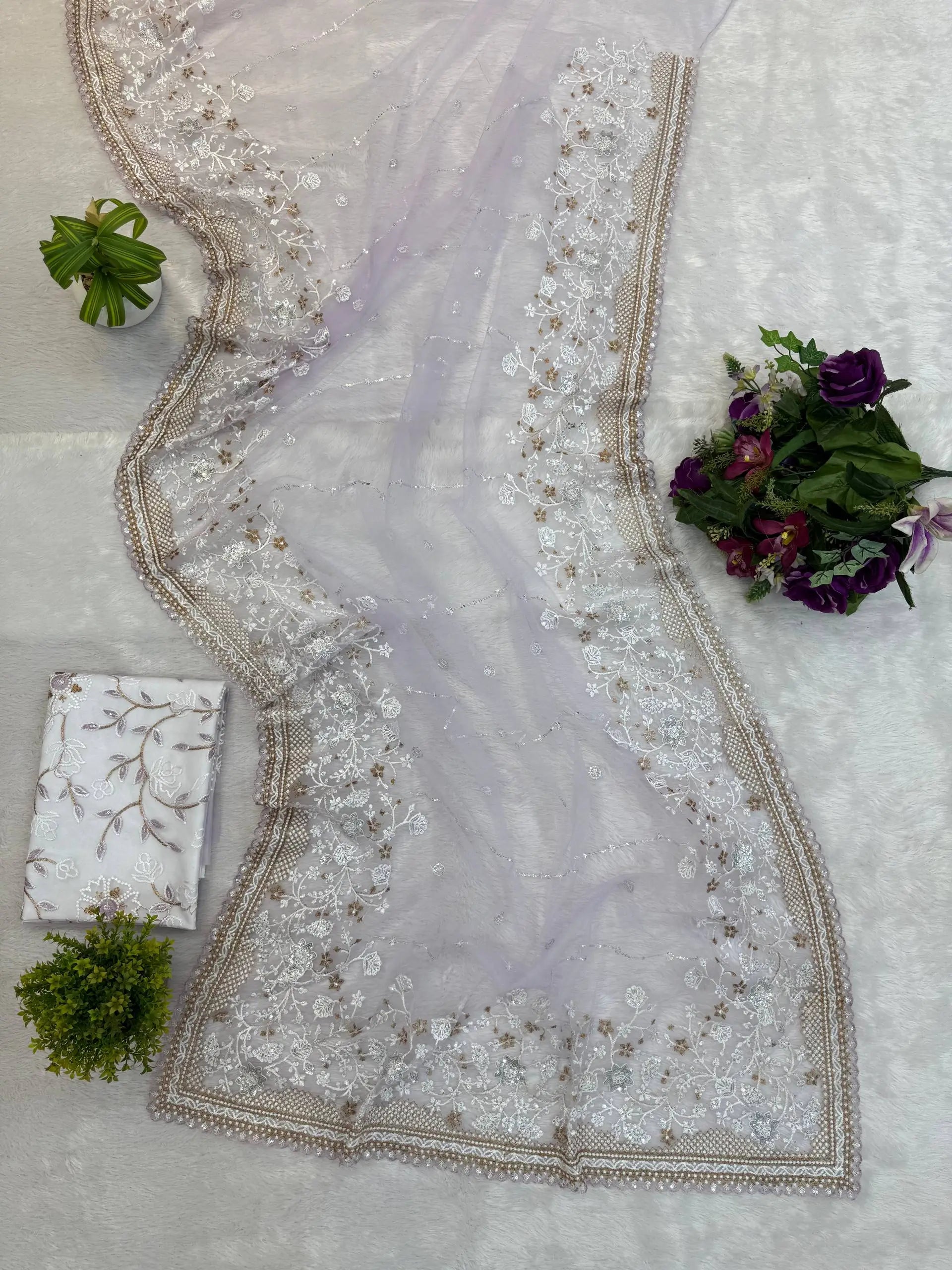 Embroidered Nylon Net Saree with Cutwork Border