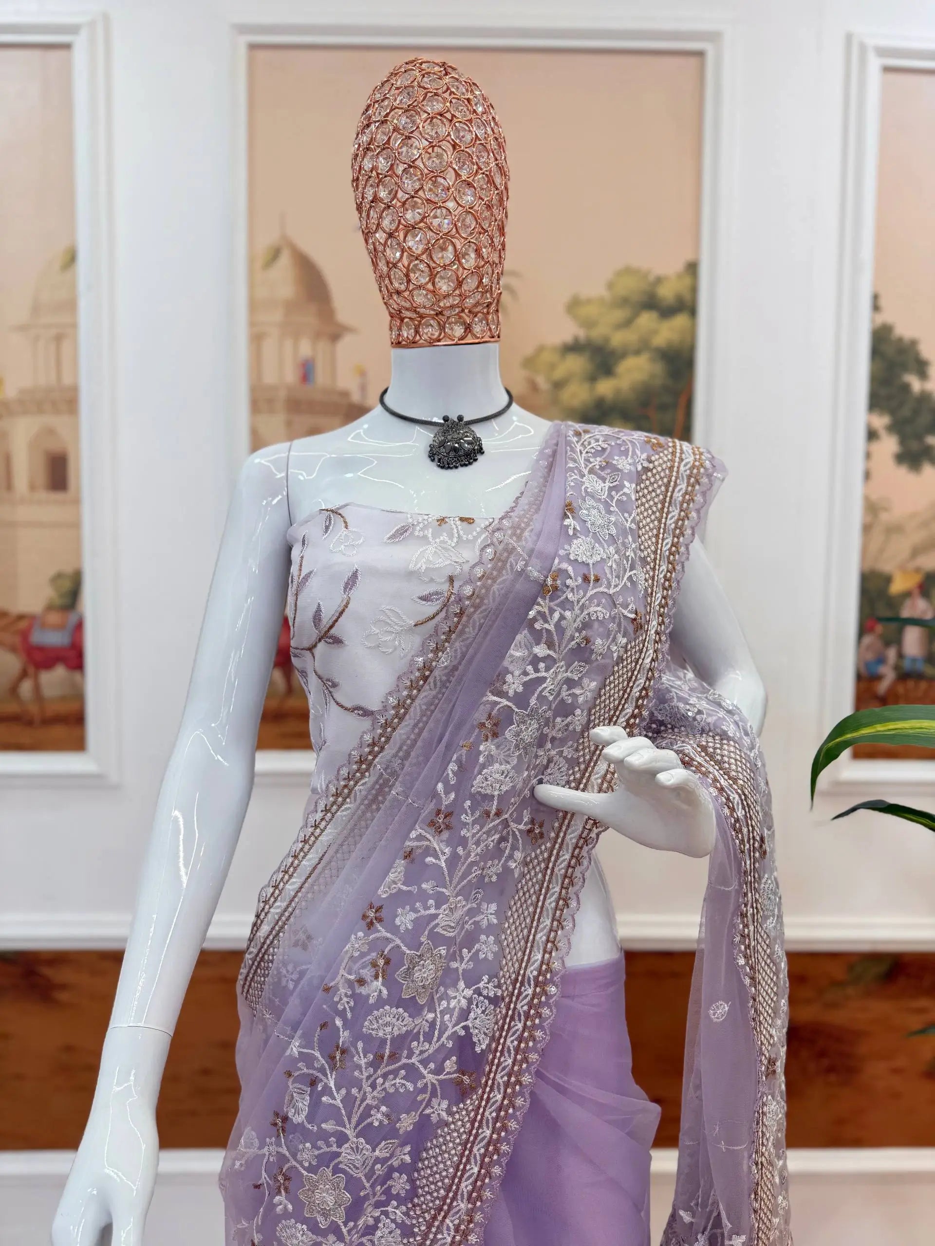 Embroidered Nylon Net Saree with Cutwork Border