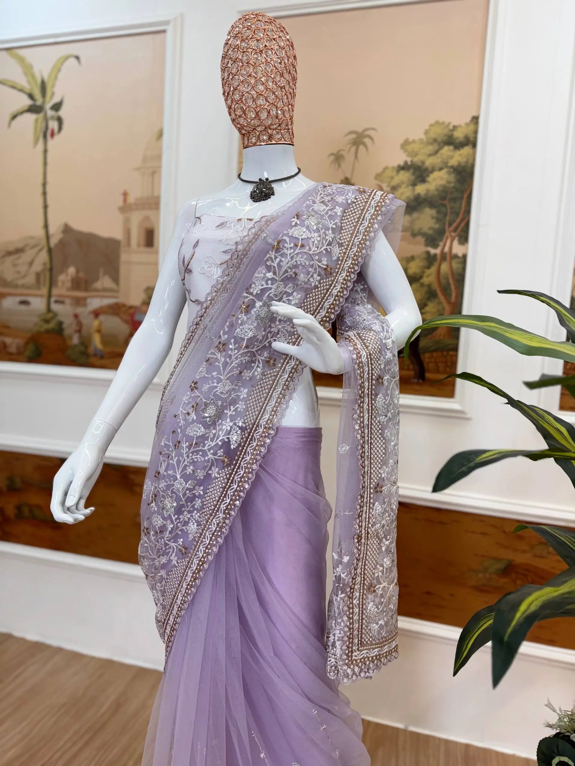 Embroidered Nylon Net Saree with Cutwork Border