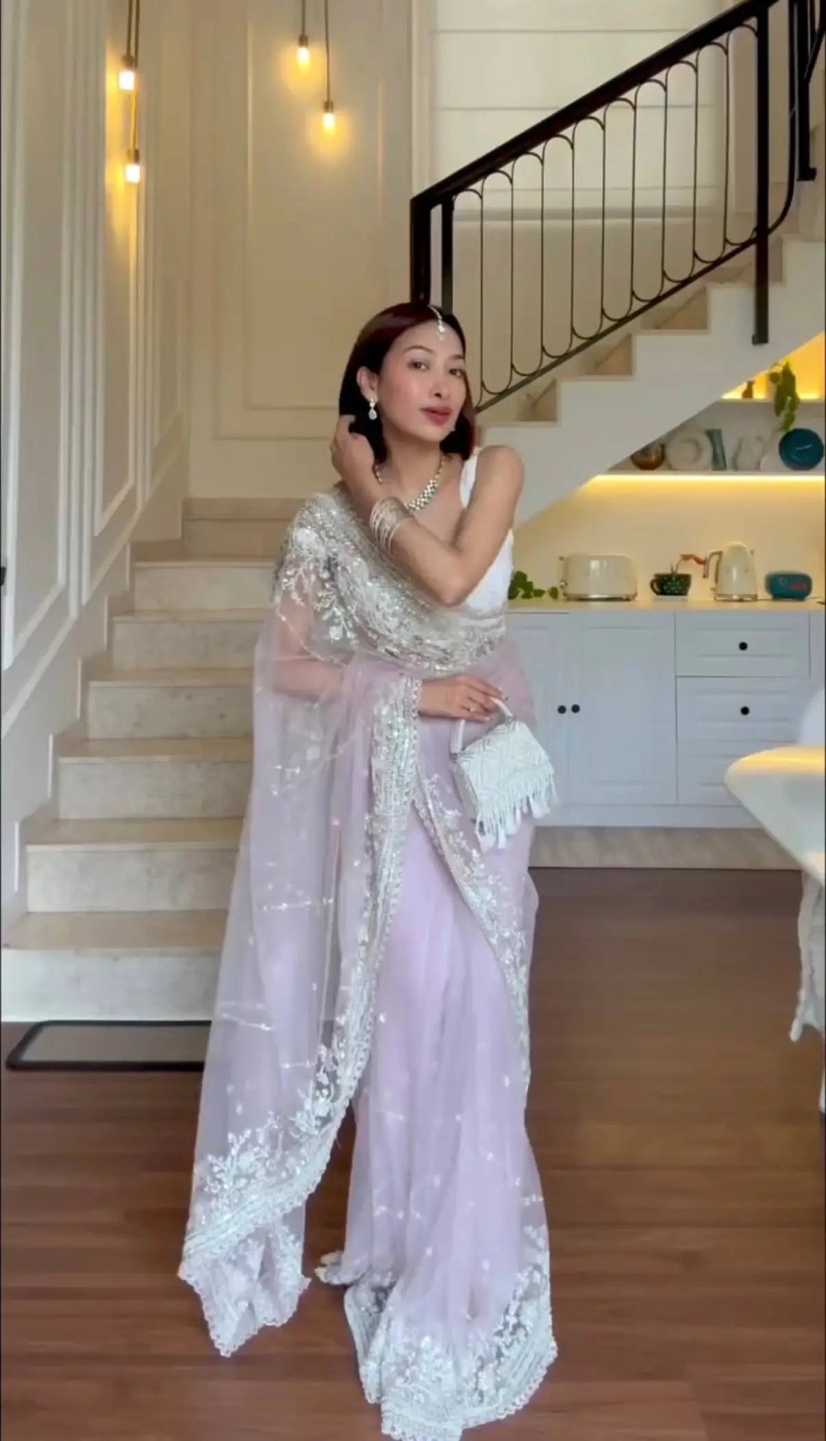 Embroidered Nylon Net Saree with Cutwork Border