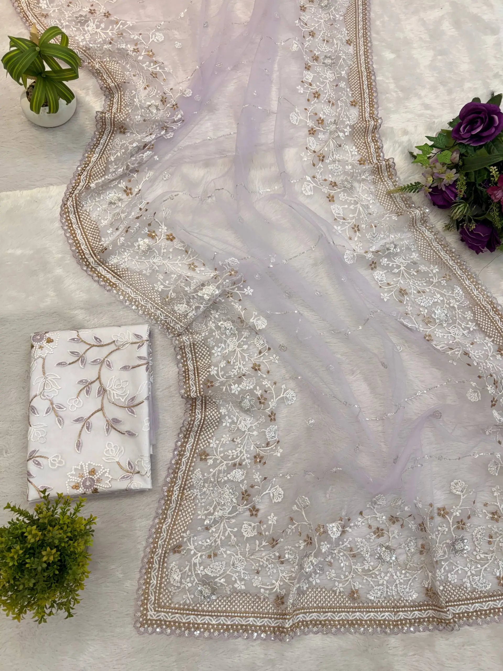 Embroidered Nylon Net Saree with Cutwork Border