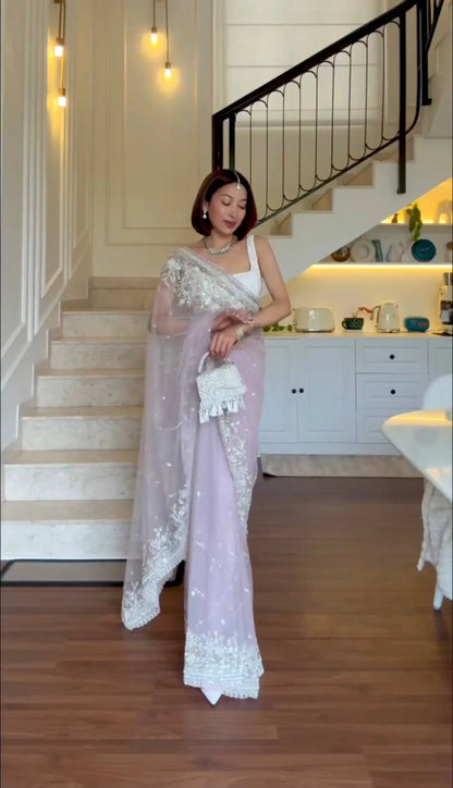 Embroidered Nylon Net Saree with Cutwork Border