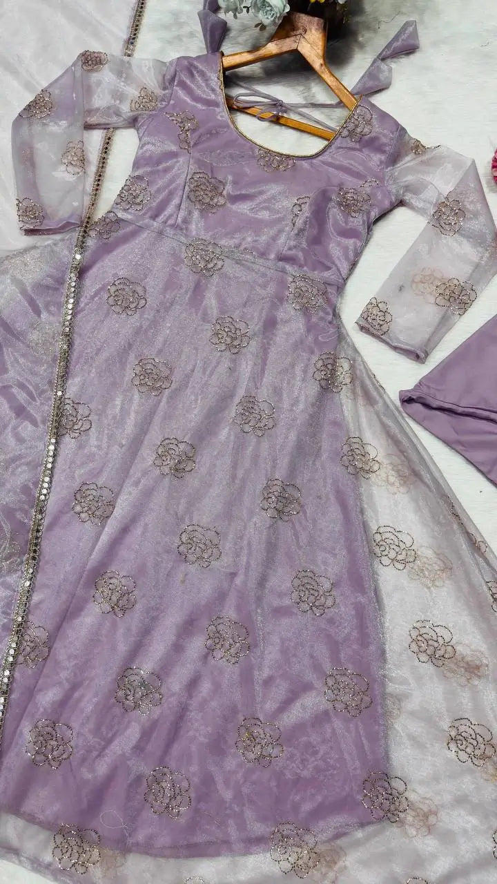 Embroidered Organza Gown Set With Dupatta