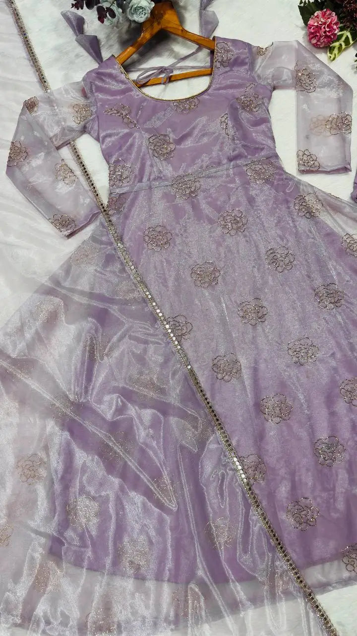 Embroidered Organza Gown Set With Dupatta