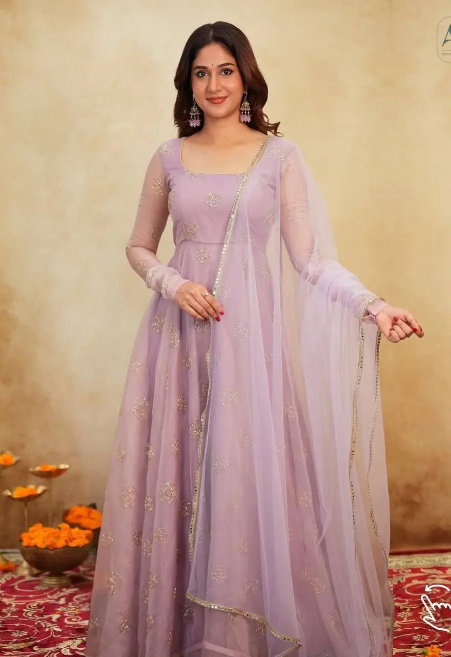 Embroidered Organza Gown Set With Dupatta