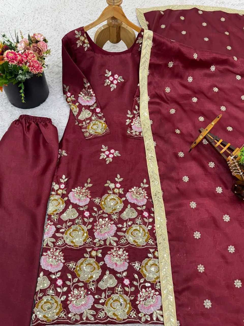 Embroidered Organza Poly Silk Plazzo Set