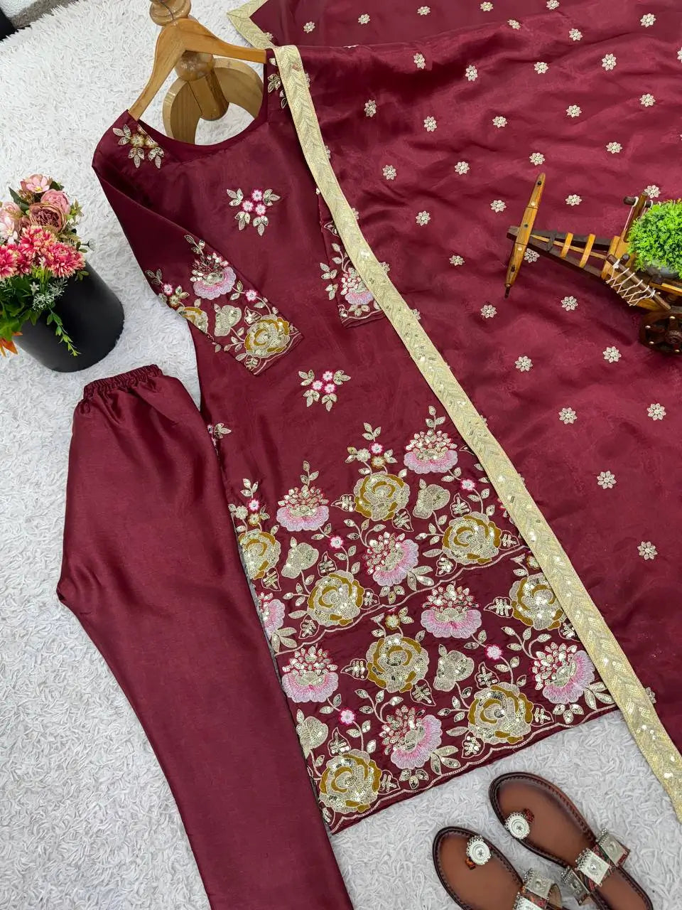 Embroidered Organza Poly Silk Plazzo Set
