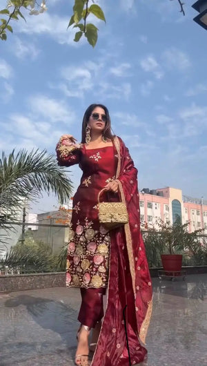 Embroidered Organza Poly Silk Plazzo Set