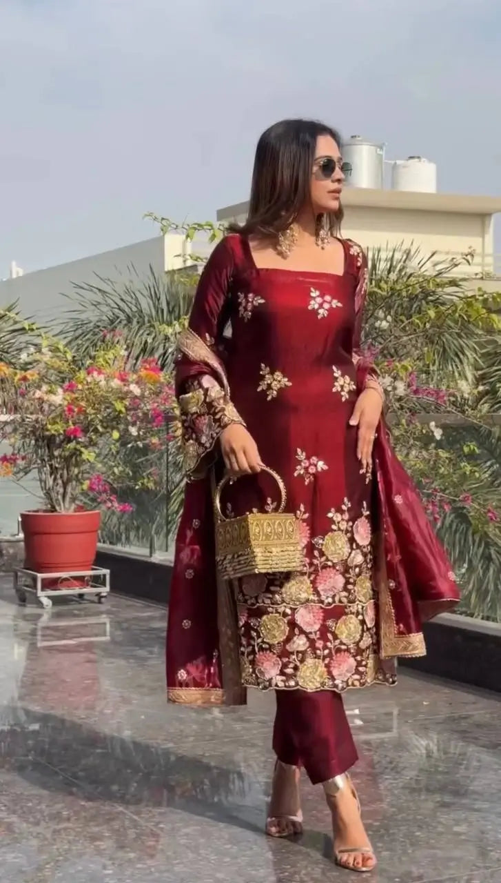 Embroidered Organza Poly Silk Plazzo Set