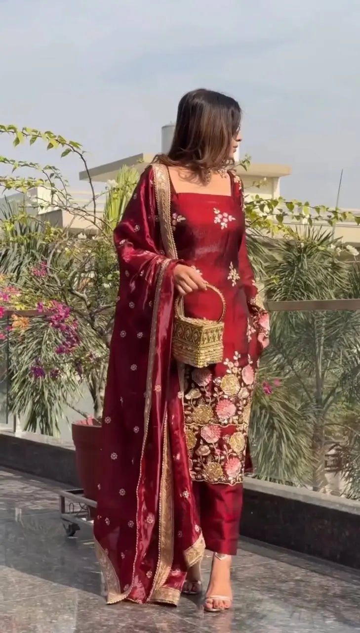 Embroidered Organza Poly Silk Plazzo Set
