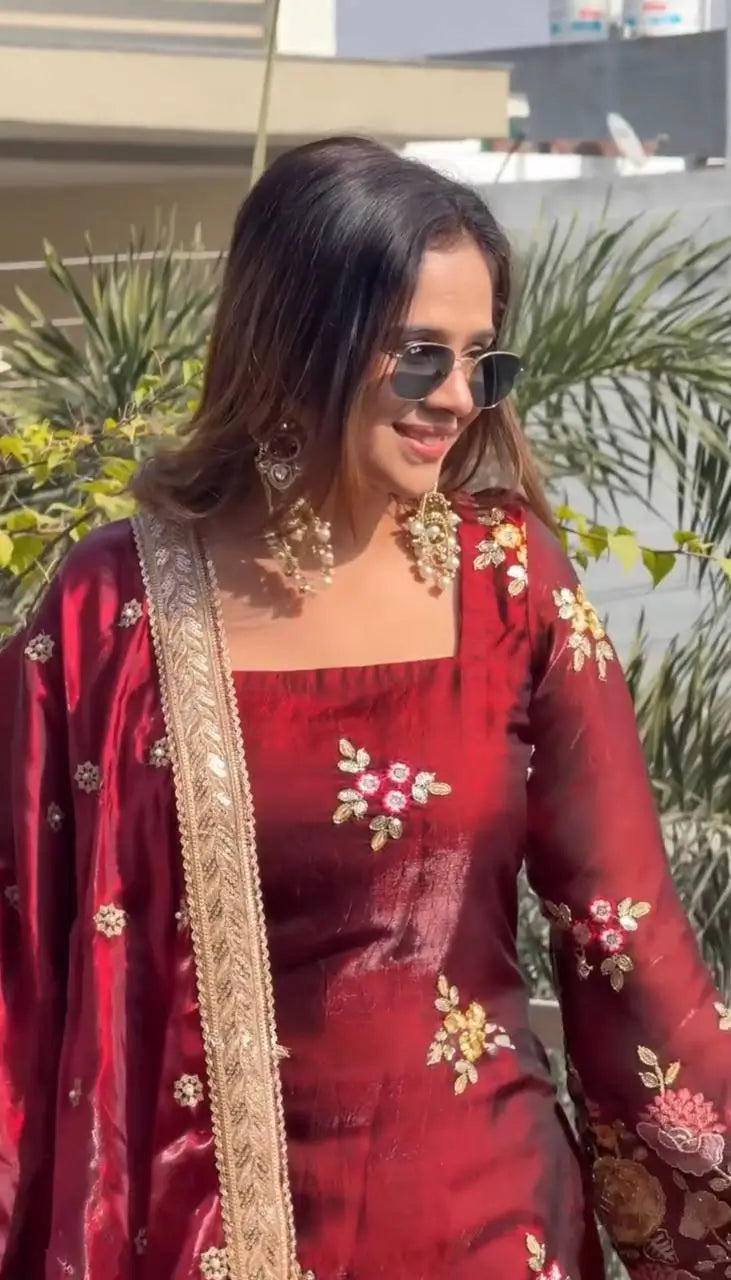 Embroidered Organza Poly Silk Plazzo Set