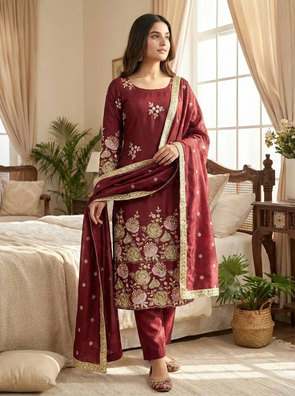 Embroidered Organza Poly Silk Plazzo Set