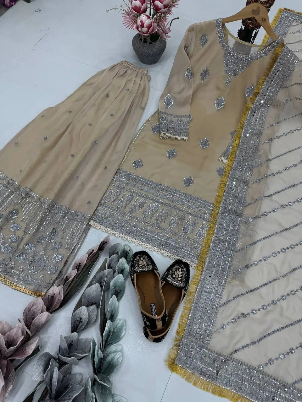 Embroidered Organza Sharara Suit with Dupatta