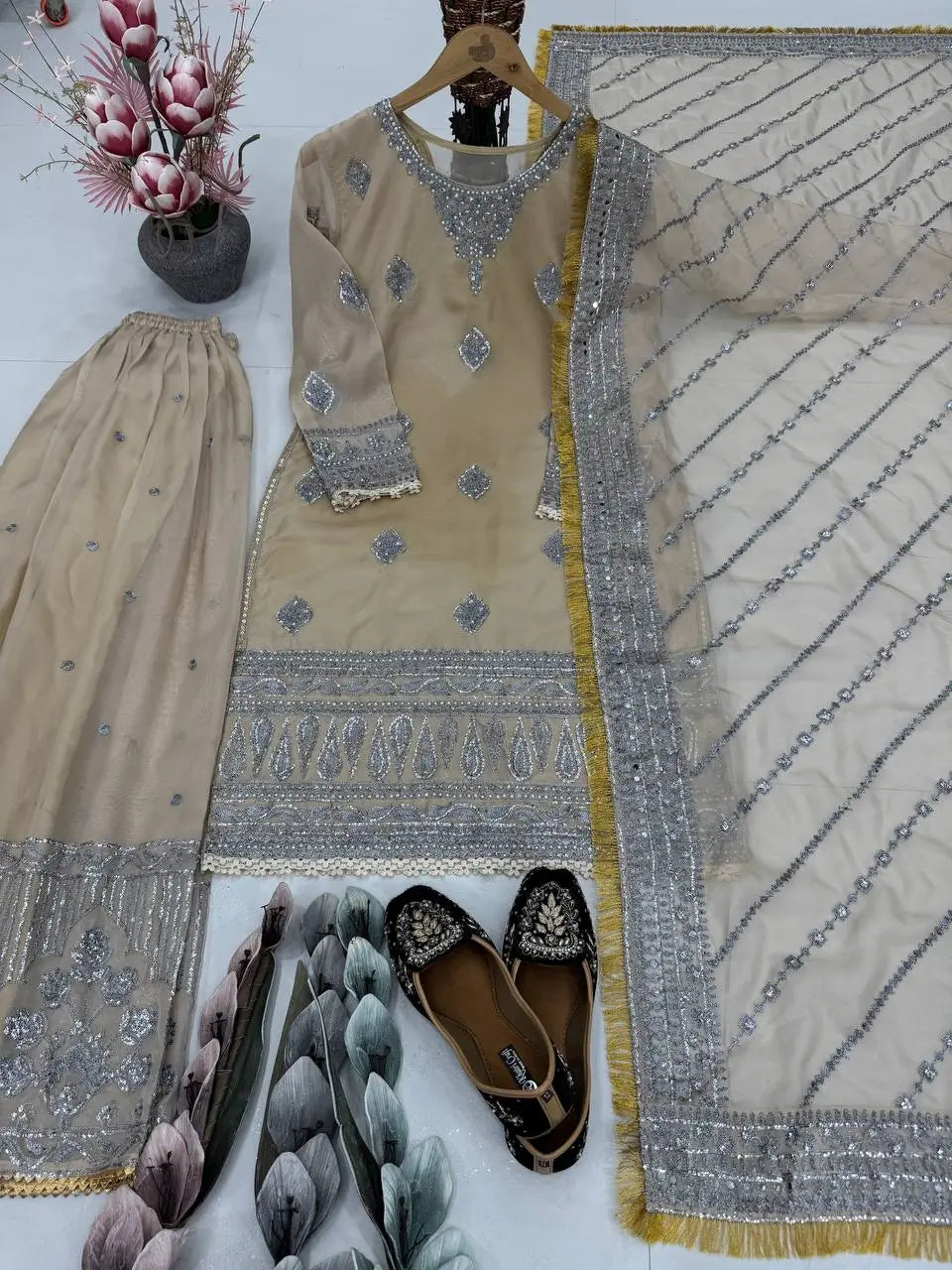 Embroidered Organza Sharara Suit with Dupatta
